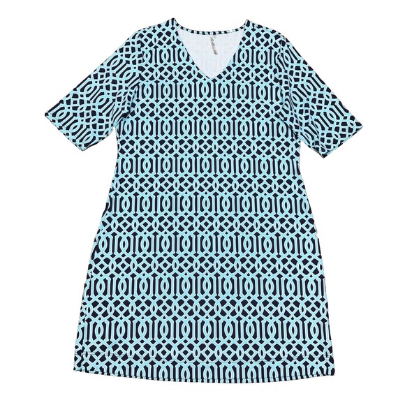 Lulu B Dresses & Skirts - Lulu B Dress Womens Size L Blue Printed V-Neck Geometric Shift Stretch Beach